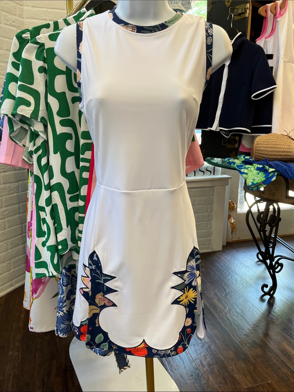 Paddle and Palm White Mini Dress with Navy Floral Scallop Trim